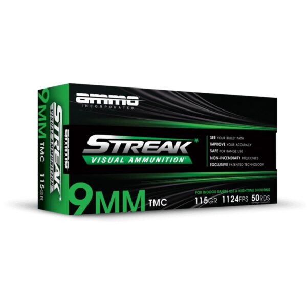 Ammo Inc Streak Handgun Ammunition 9mm Luger Green 115gr TMJ 1124 fps 50/ct