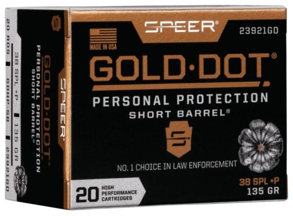 Speer Gold Dot Short Barrel Handgun Ammunition .38 Spl (+P) 135 gr HP 860 fps 20/ct