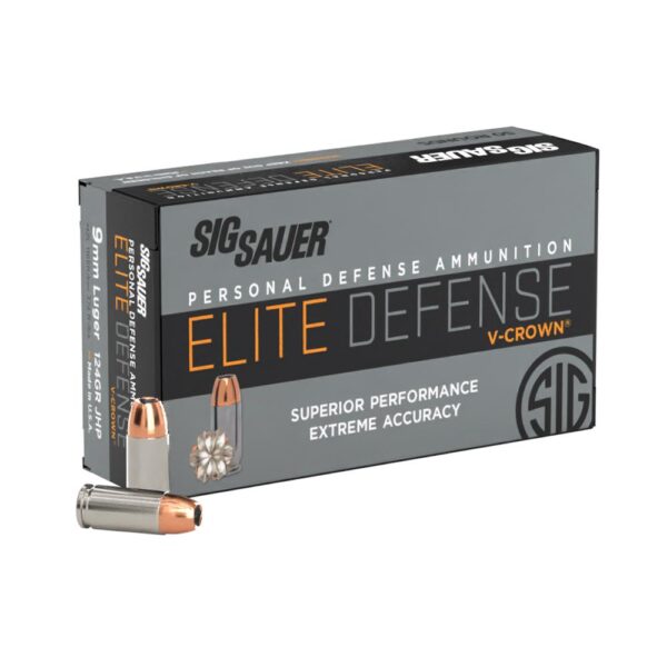 Sig Sauer Elite V-Crown Handgun Ammunition 9mm Luger 124gr JHP 1165 fps 50/ct