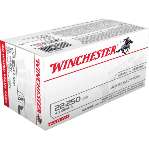 Winchester USA Rifle Ammunition .22-250 Rem 45 gr JHP 4000 fps 40/ct