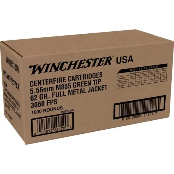 Winchester USA Lake City M855 Green Tip Rifle Ammunition 5.56mm 62 gr. FMJ 3060 fps 1000/ct (Bulk)