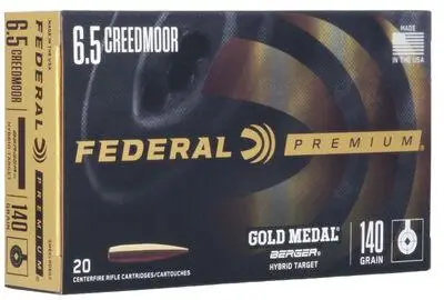 Federal Gold Medal Berger Hybrid Rifle Ammuntion 6.5mm Creedmoor 140gr BTHP 2725 fps 20/ct