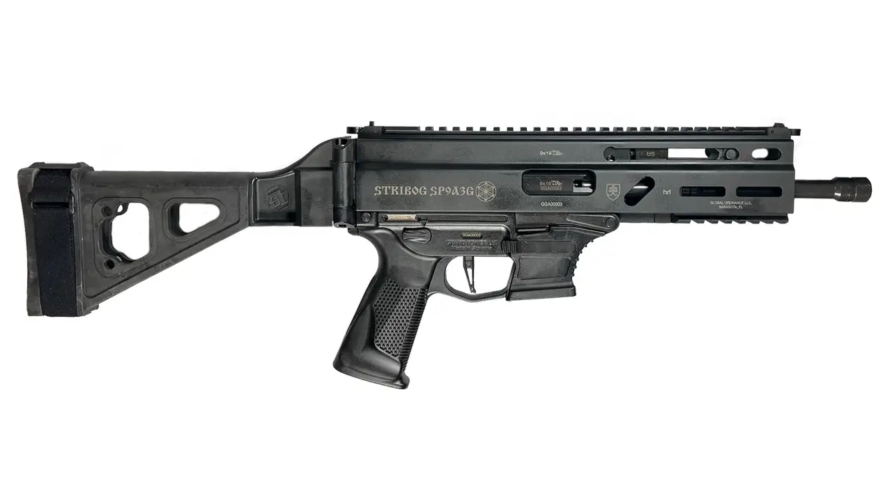 Grand Power Stribog SP9A3G Pistol - Black | 9mm | 8" Threaded Barrel | 30rd | Utilizes Glock Style Mags | Folding SBT Brace