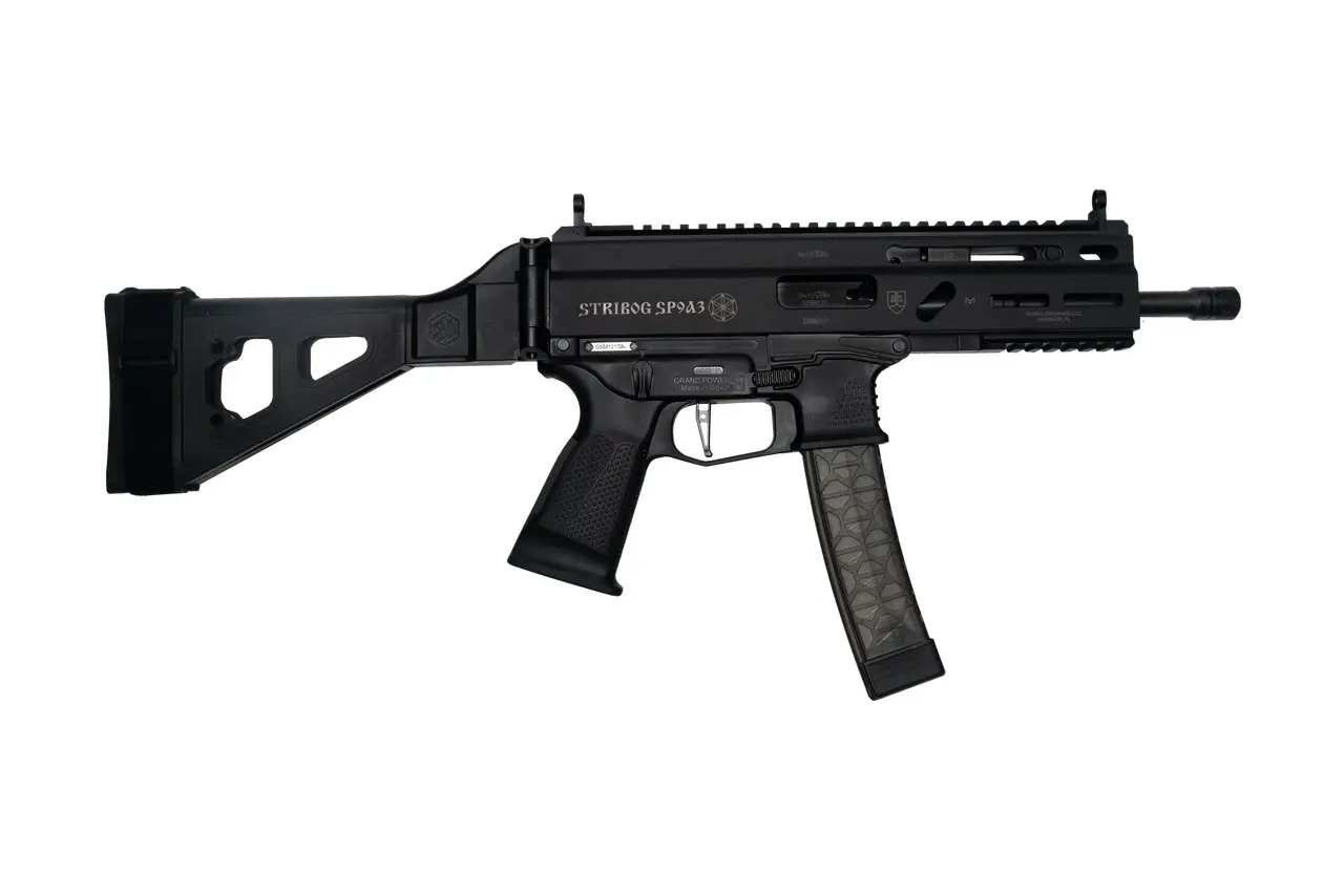 Grand Power Stribog SP9A3 Pistol - Black | 9mm | 8" Threaded Barrel | 30rd | Folding SBT Brace